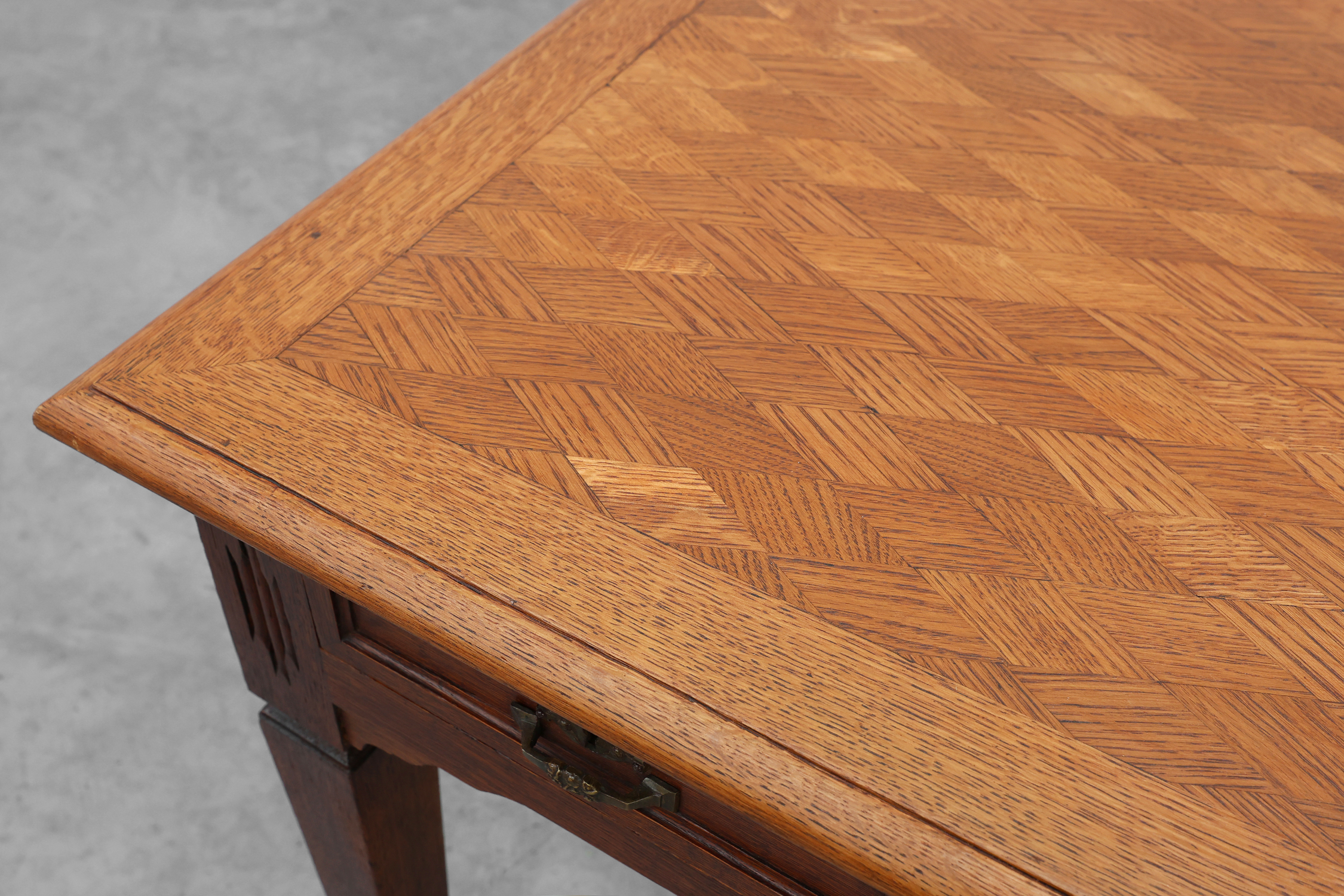 Art Deco carved oak Desk or Table with copper details, Belgium 1920sthumbnail